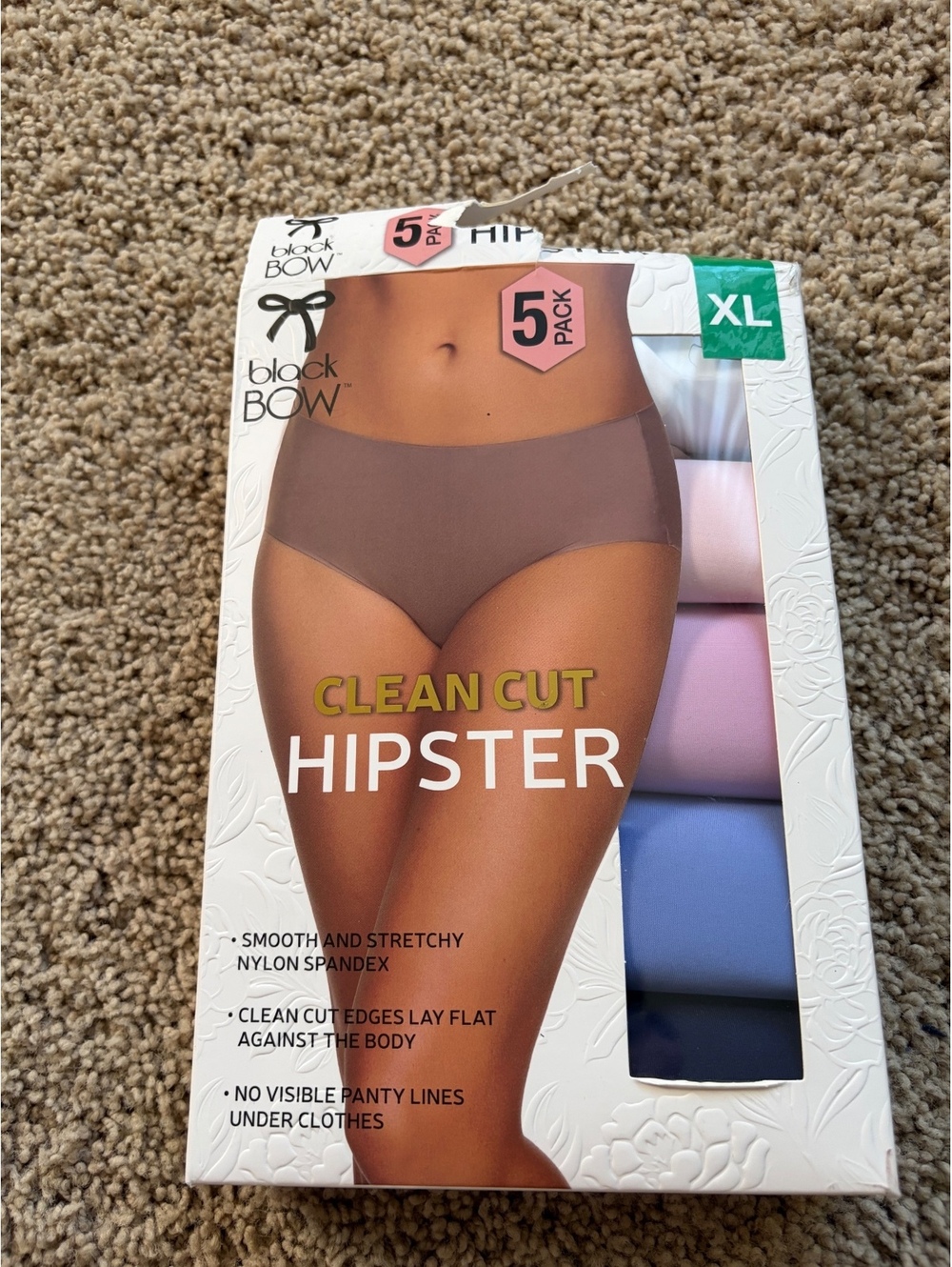 NWT 5-pack of Black Bow Ladies' Clean Cut Hipster underwear in size XL